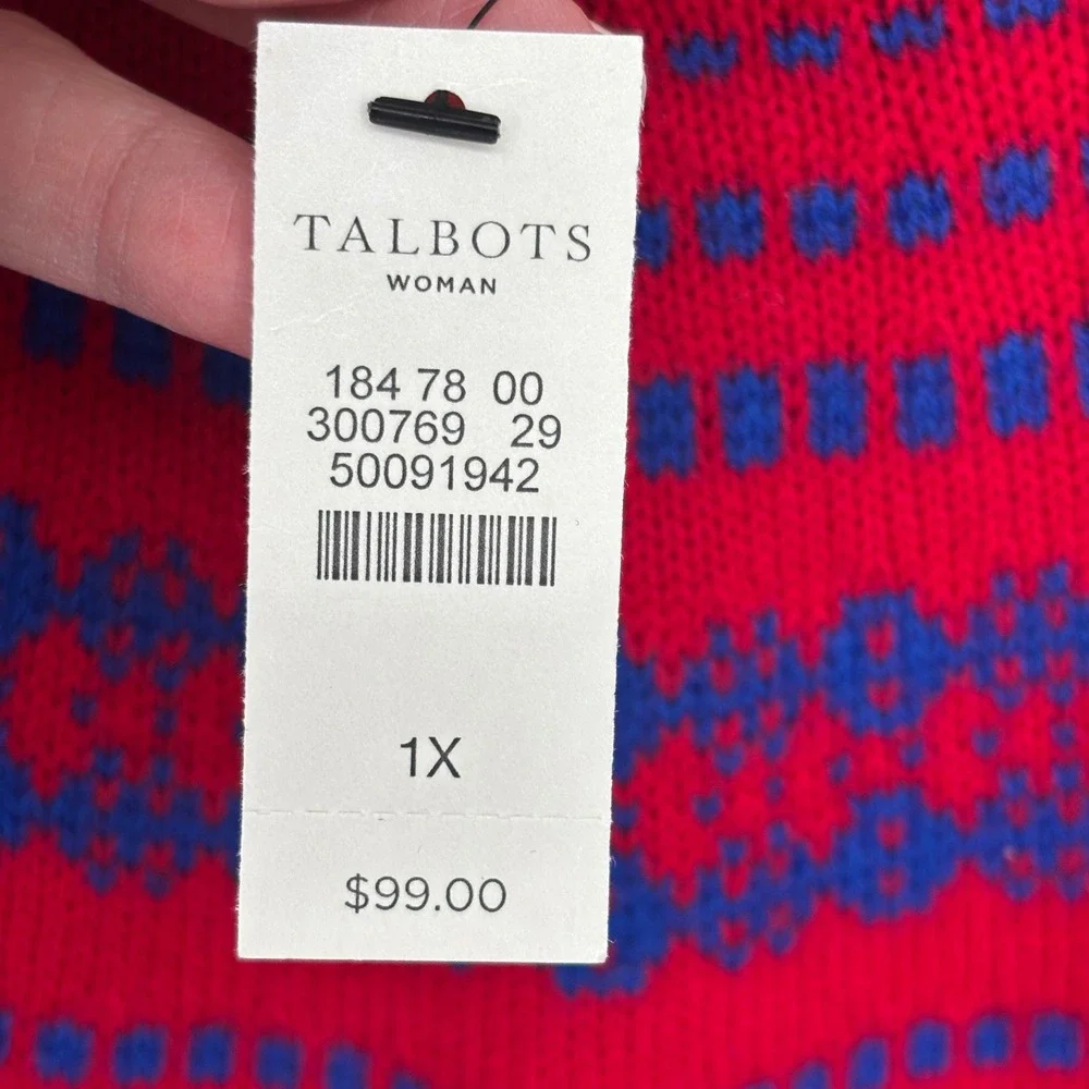 Talbots Lambswool Blend Red Blue Fair Isle Crew Neck Sweater Women's Size 1X NWT